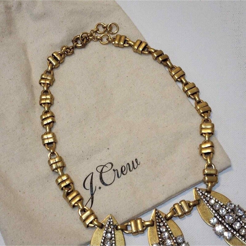 J. Crew Antique Gold Tone Crystal Leaf Statement Necklace Marquise Pendants New - Picture 6 of 10